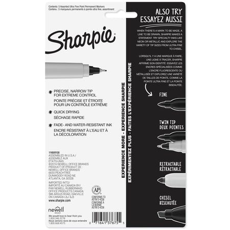 Sharpie Permanent Markers, Ultra Fine Tip, Assorted, 5/Pack