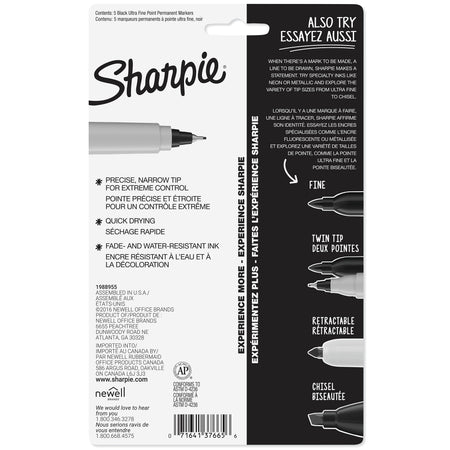 Sharpie Permanent Markers, Ultra Fine Tip, Black, 5/Pack