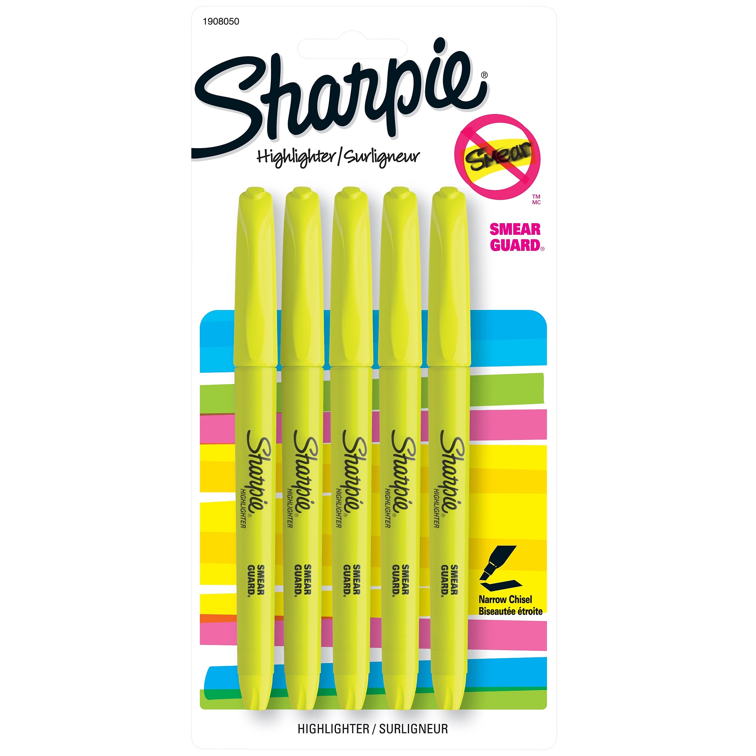 Sharpie Pocket Stick Highlighter, Chisel Tip, Fluorescent Yellow, 5/Pack