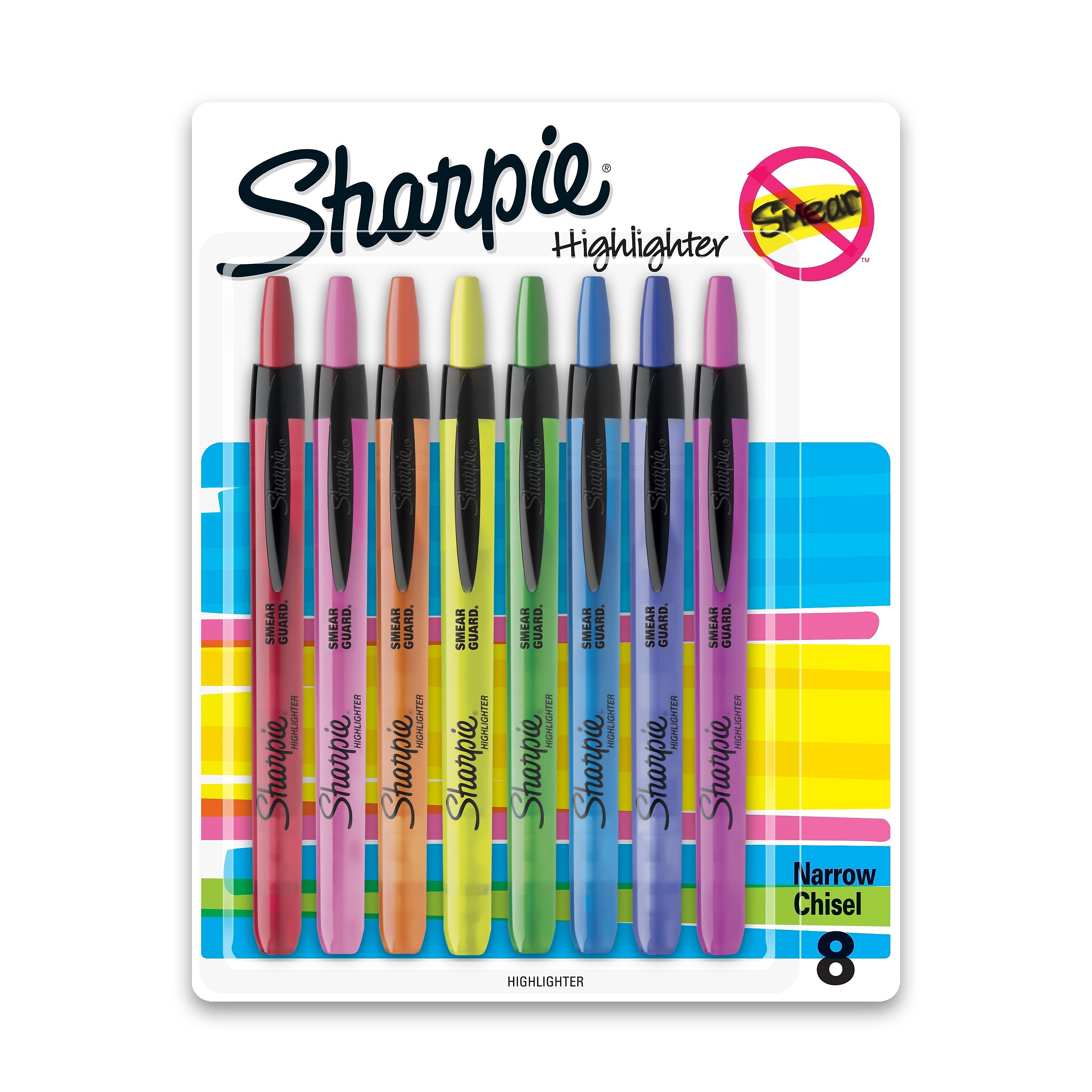 Sharpie Retractable Highlighter, Chisel Tip, Assorted, 8/Pack