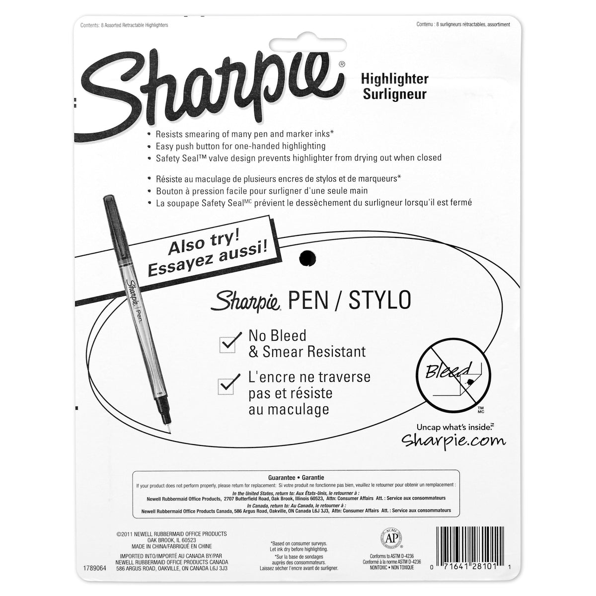 Sharpie Retractable Highlighter, Chisel Tip, Assorted, 8/Pack