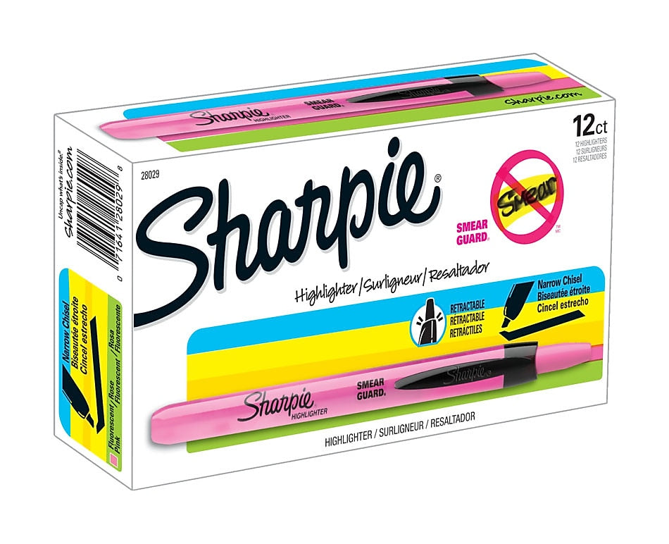 Sharpie Retractable Highlighter, Chisel Tip, Fluorescent Pink, Dozen