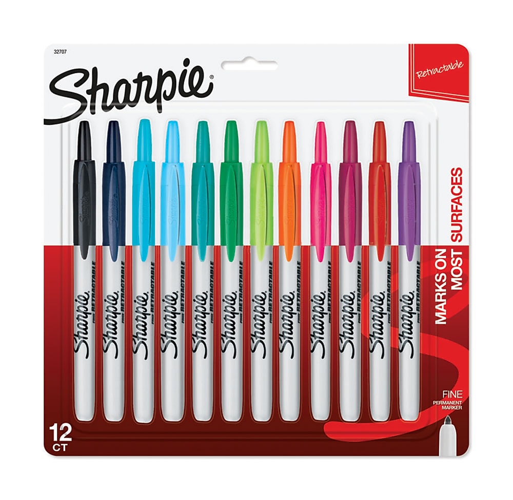 Sharpie Retractable Permanent Markers, Fine Tip, Assorted, 12/Pack