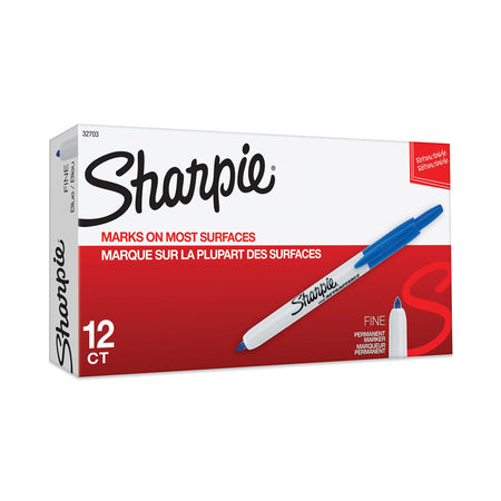 Sharpie Retractable Permanent Markers, Fine Tip, Blue, 12/Pack