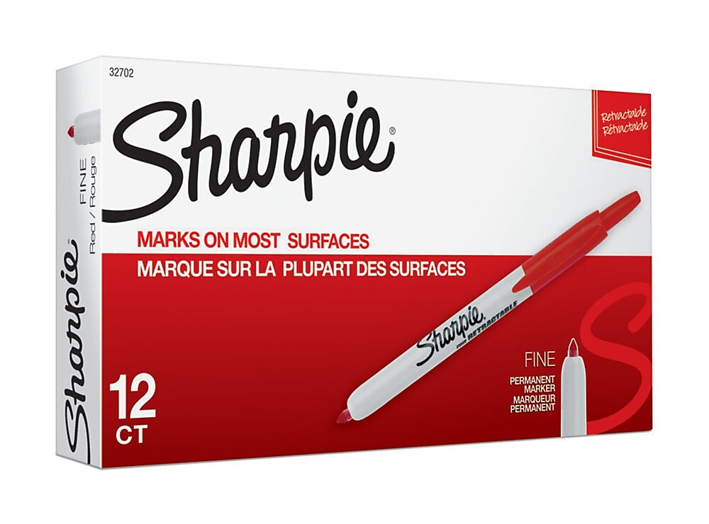 Sharpie Retractable Permanent Markers, Fine Tip, Red, 12/Pack