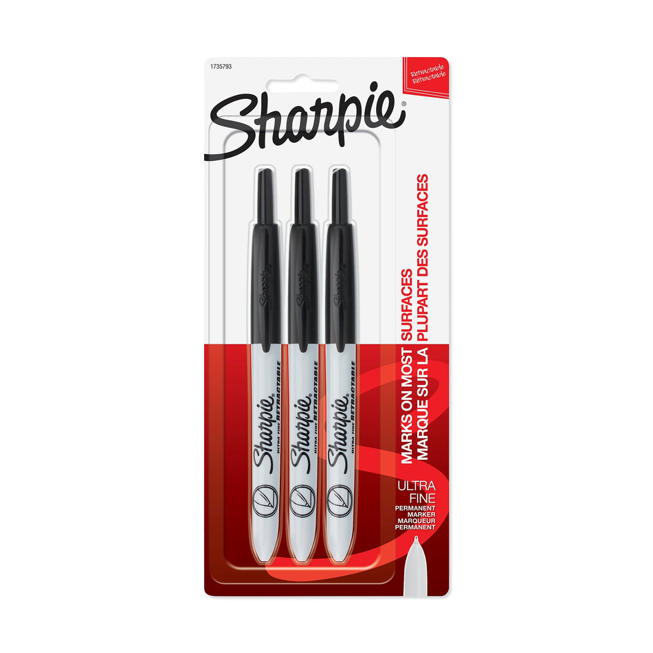 Sharpie Retractable Permanent Markers, Ultra Fine Tip, Black, 3/Pack