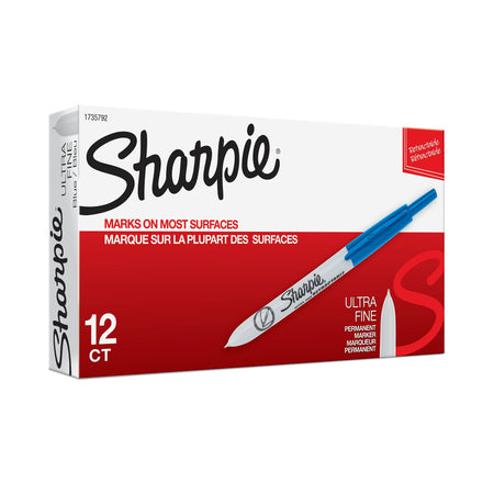 Sharpie Retractable Permanent Markers, Ultra Fine Tip, Blue, 12/Pack