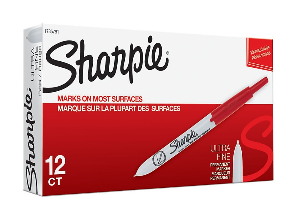 Sharpie Retractable Permanent Markers, Ultra Fine Tip, Red, 12/Pack