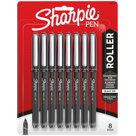 Sharpie Rollerball Pen, Needle Point Precision Pen, Black Ink, 8/Pack