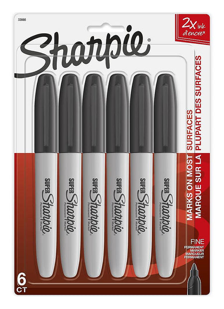 Sharpie Super Permanent Markers, Fine Tip, Black, 6/Pack