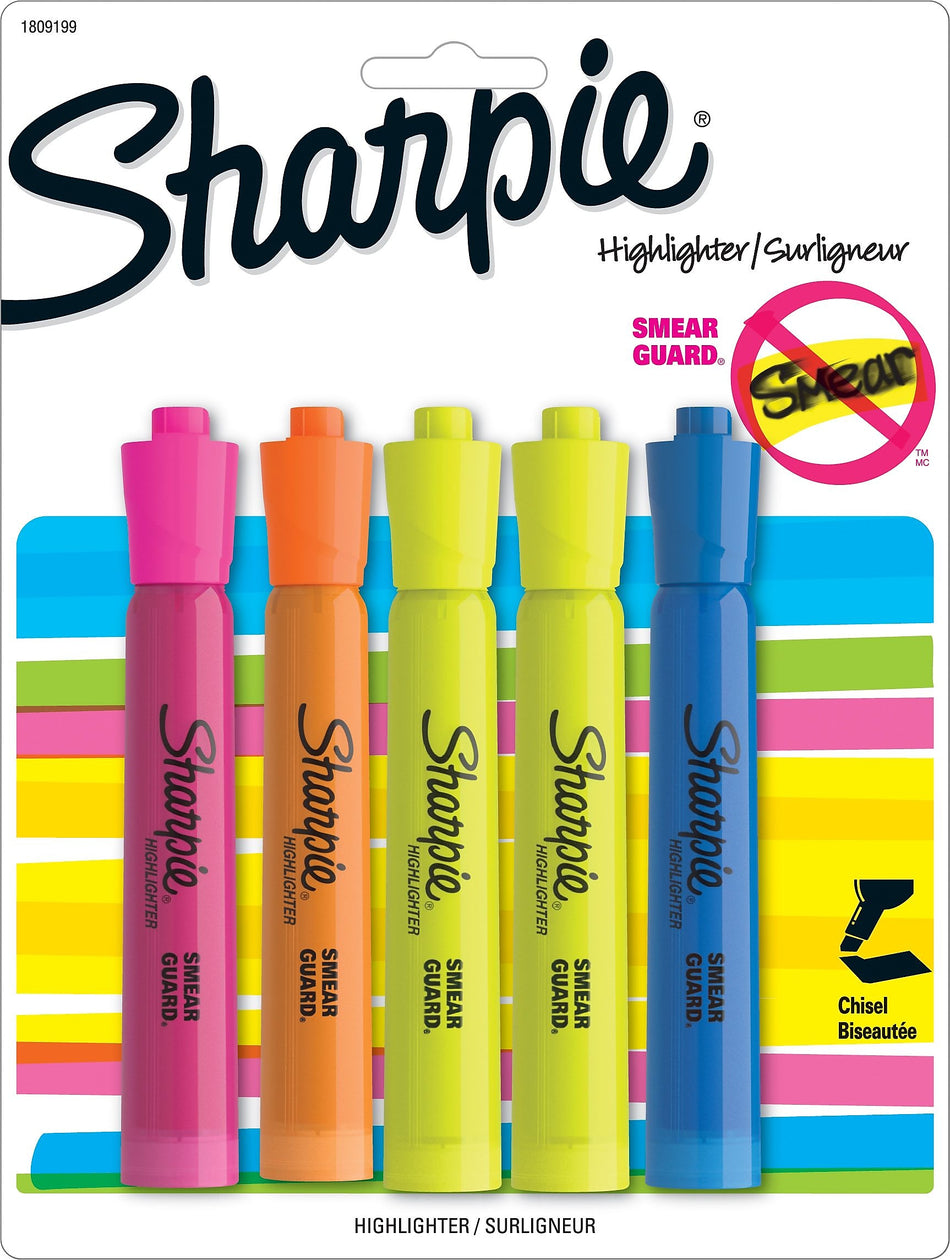 Sharpie Tank Highlighter, Chisel Tip, Assorted, 5/Pack