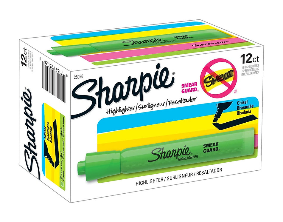 Sharpie Tank Highlighter, Chisel Tip, Fluorescent Green, Dozen