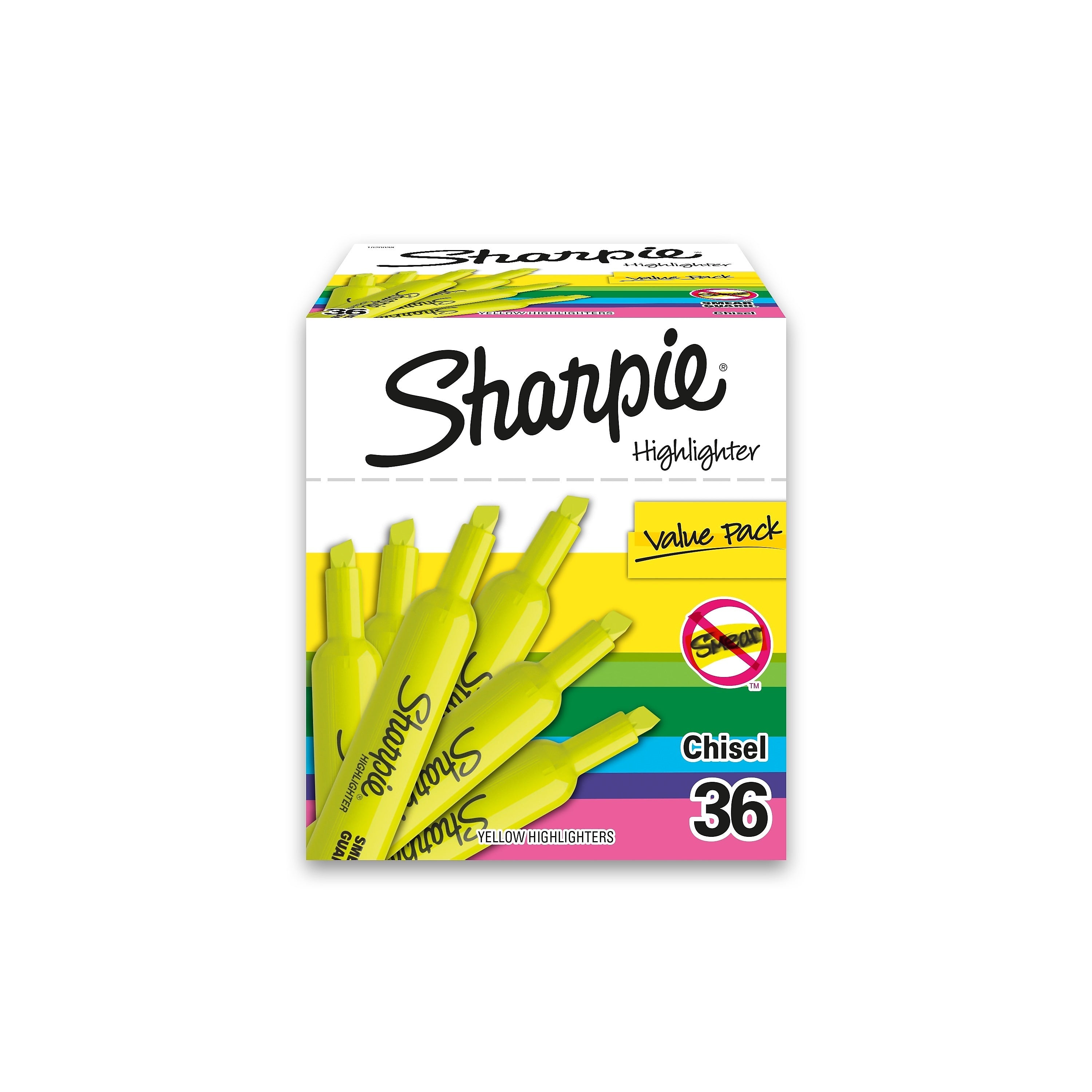 Sharpie Tank Highlighter, Chisel Tip, Fluorescent Yellow, 36/Pack