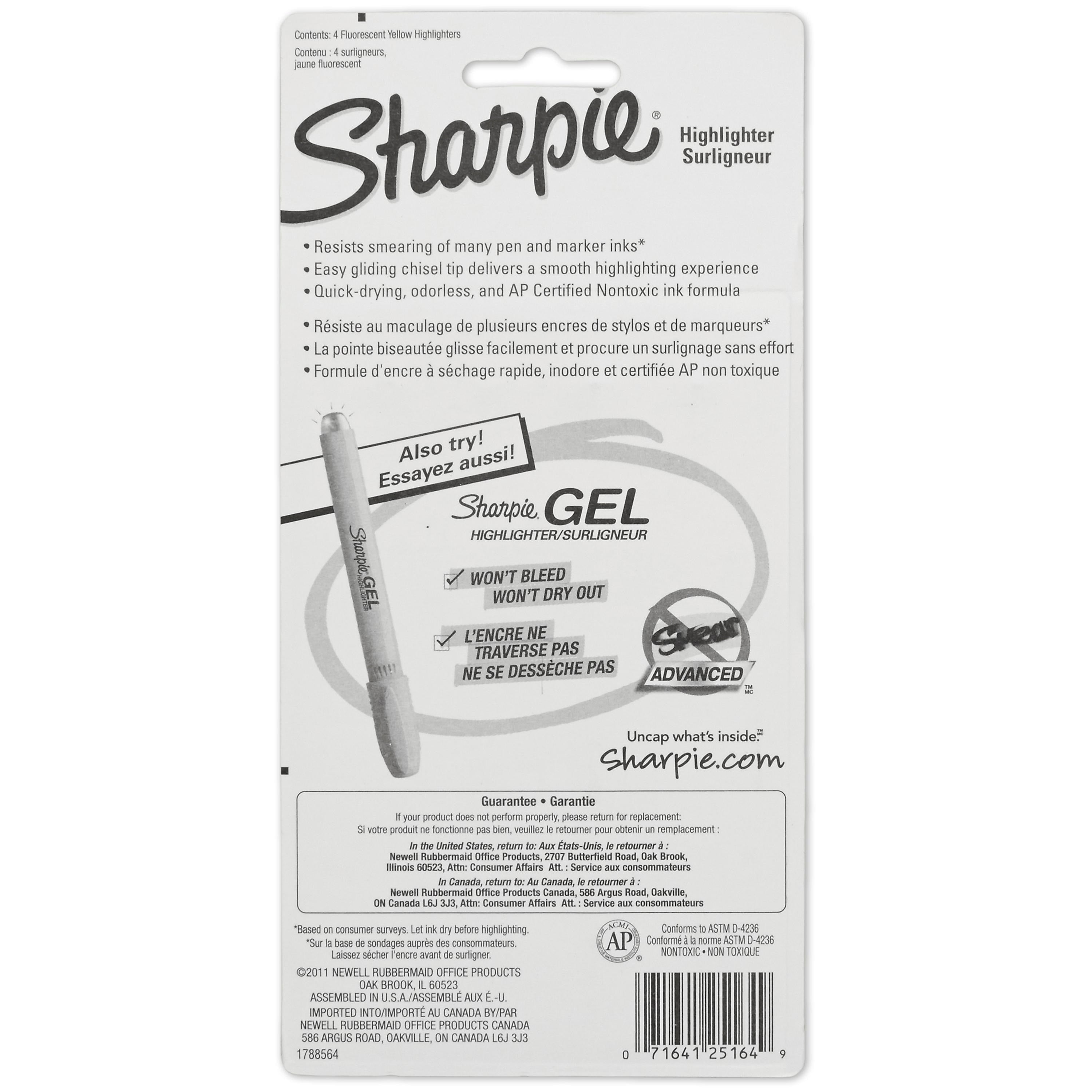 Sharpie Tank Highlighter, Chisel Tip, Fluorescent Yellow, 4/Pack