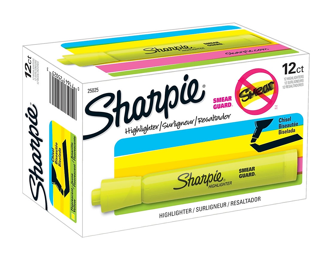 Sharpie Tank Highlighter, Chisel Tip, Fluorescent Yellow, Dozen