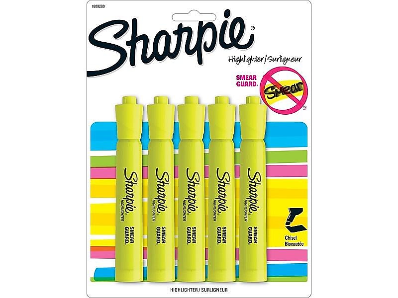 Sharpie Tank Highlighter, Chisel Tip, Yellow, 5/Pack