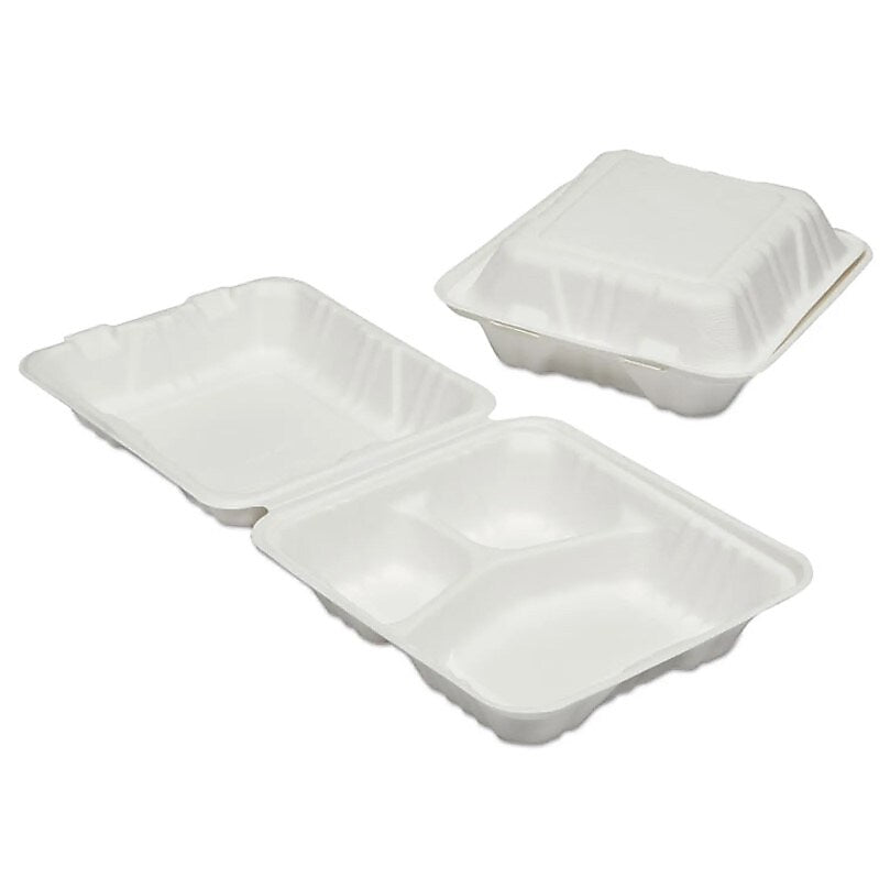 Skilcraft 3-Compartment Hinged Lid Food Container, Microwave Safe, White, 200/Pack,