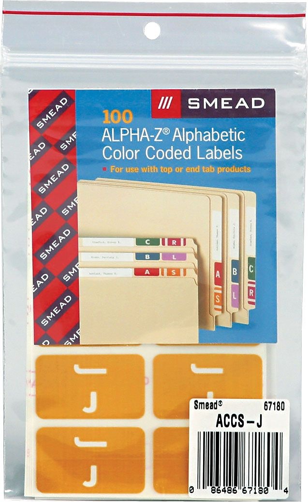 Smead® AlphaZ ACCS Color-Coded Alphabetic Label, J, Yellow, 100 Labels per Pack