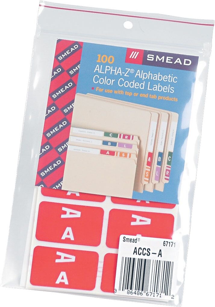 Smead AlphaZ ACCS Color-Coded Alphabetic Labels, A, Label Sheet, Red, 100/Pk