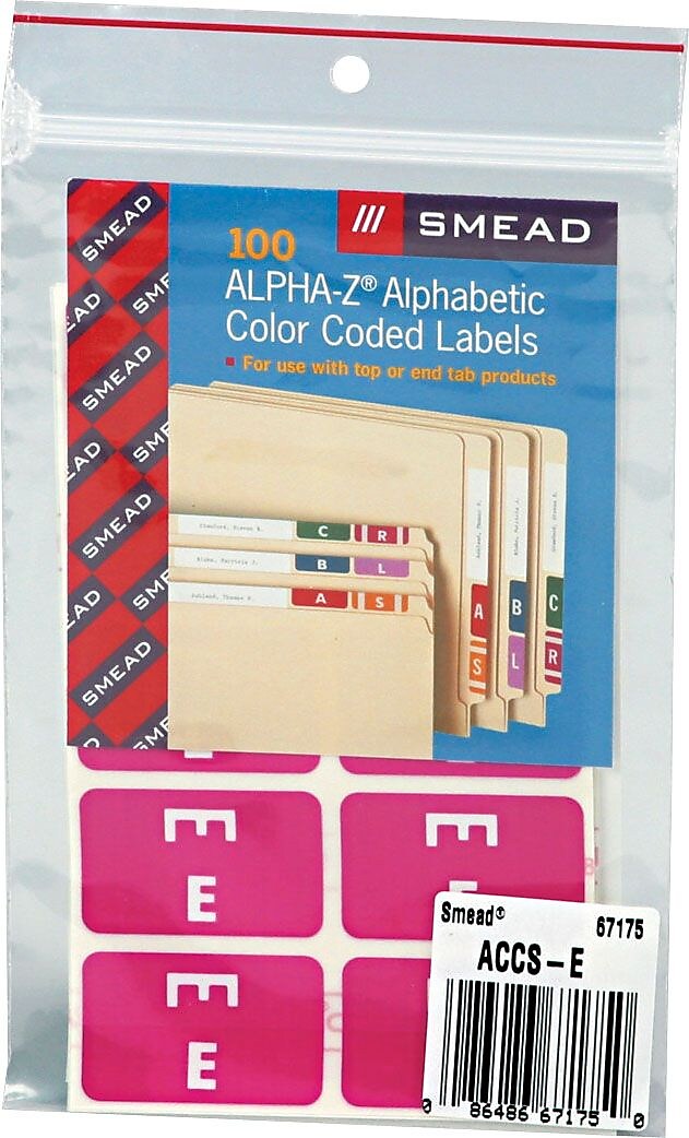 Smead AlphaZ ACCS Color-Coded Alphabetic Labels, E, Purple with White Lettering, 100/Pack