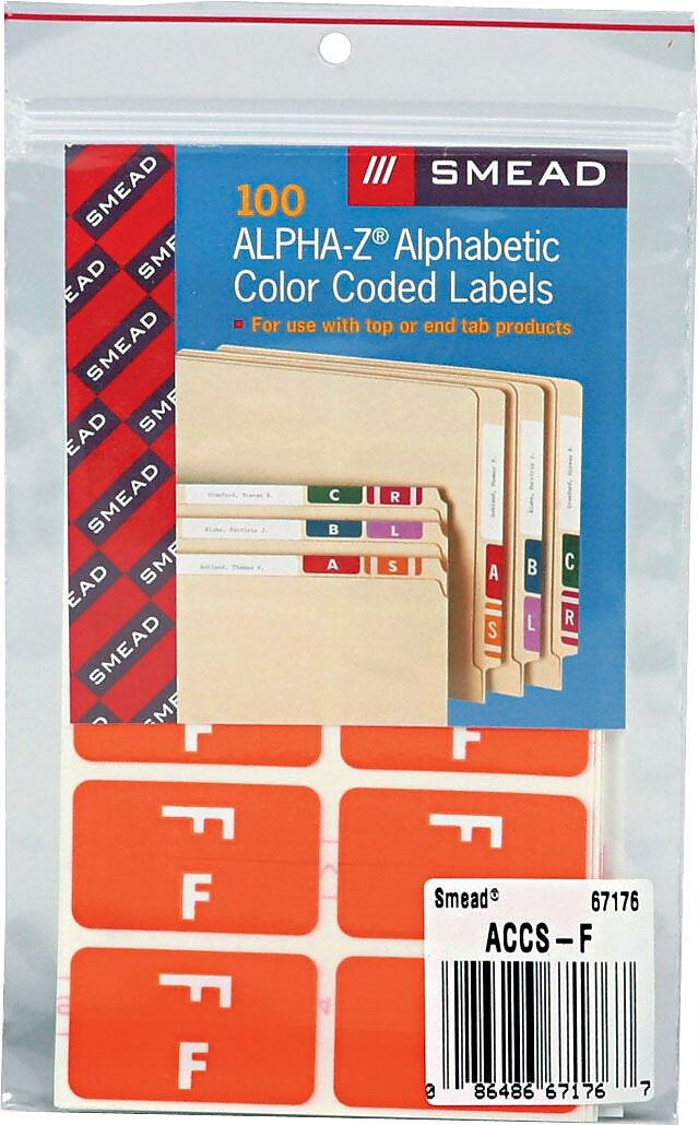 Smead AlphaZ ACCS Color-Coded Alphabetic Labels, F, Orange, 100/Pack