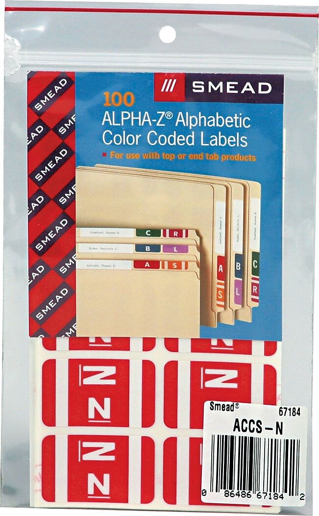 Smead AlphaZ ACCS Color-Coded Alphabetic Labels, N, Green/White, 100/Pk