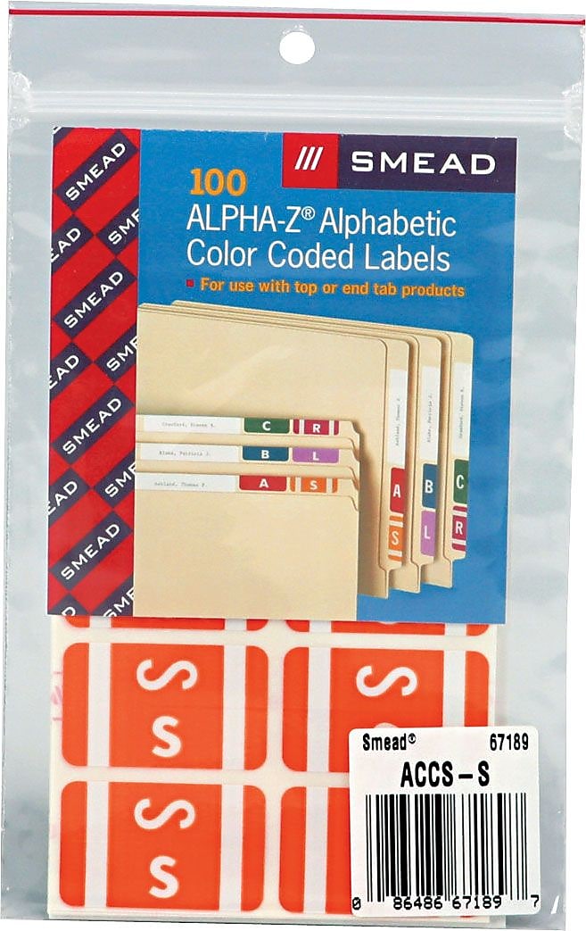 Smead AlphaZ ACCS Color-Coded Alphabetic Labels, S, Red, 100/Pk
