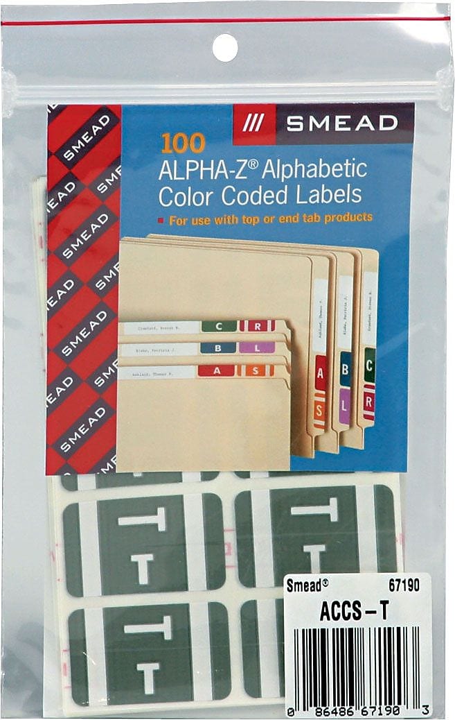 Smead AlphaZ ACCS Color-Coded Alphabetic Labels, T, Gray, 100/Pack