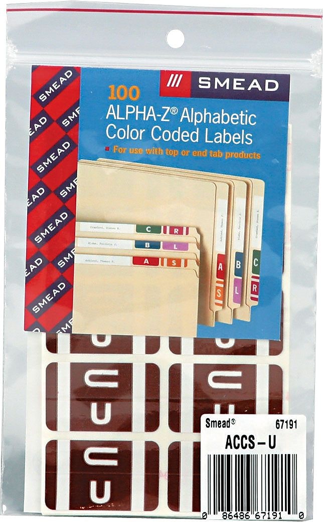 Smead AlphaZ ACCS Color-Coded Alphabetic Labels, U, Dark Brown, 100/Pack