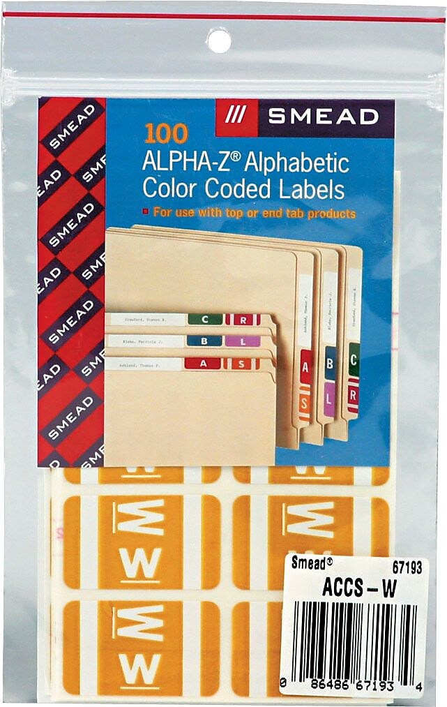 Smead AlphaZ ACCS Color-Coded Alphabetic Labels, W, Yellow/White, 100/Pk