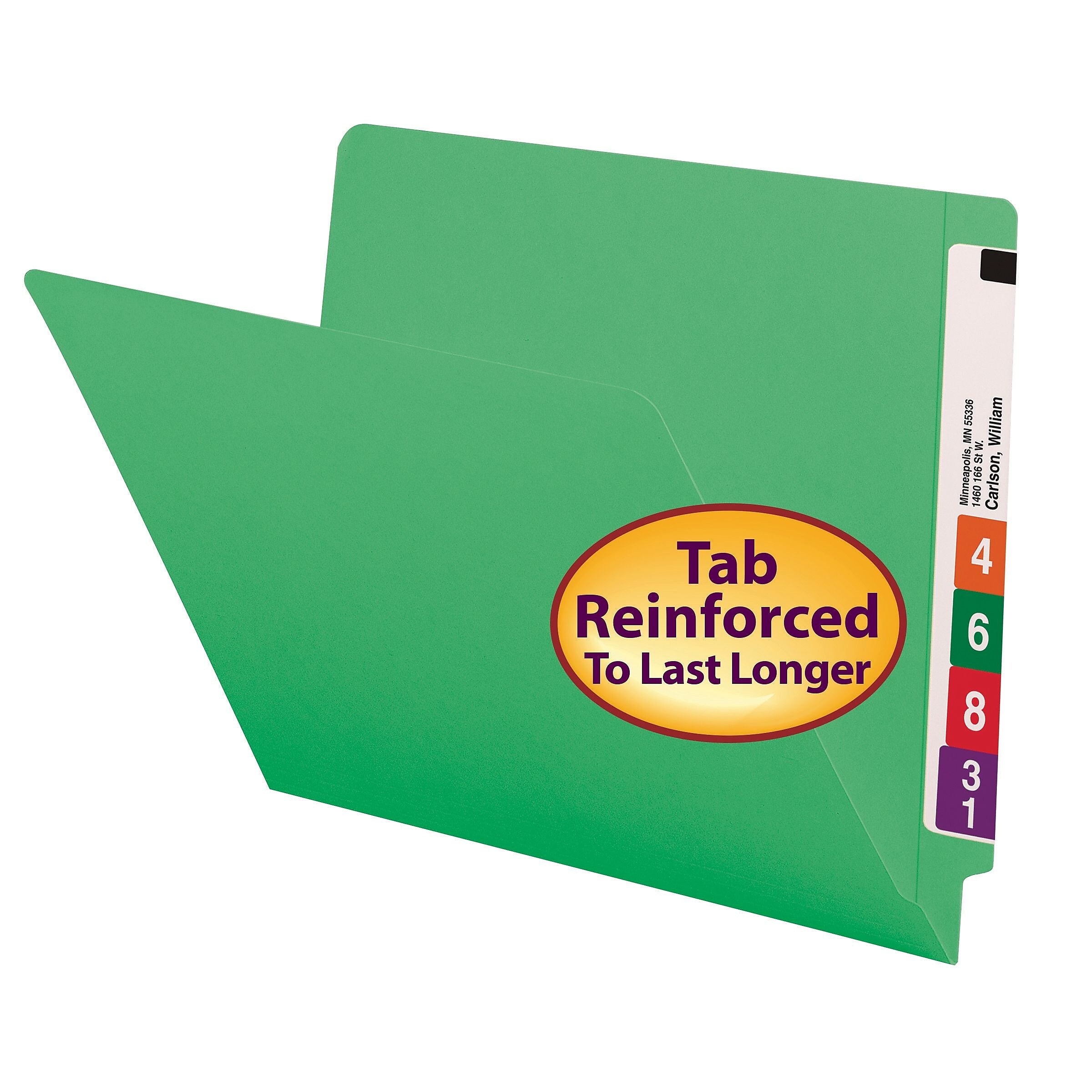 Smead Colored End Tab File Folder, Shelf-Master Reinforced Straight-Cut Tab, Letter Size, Green, 100/Box