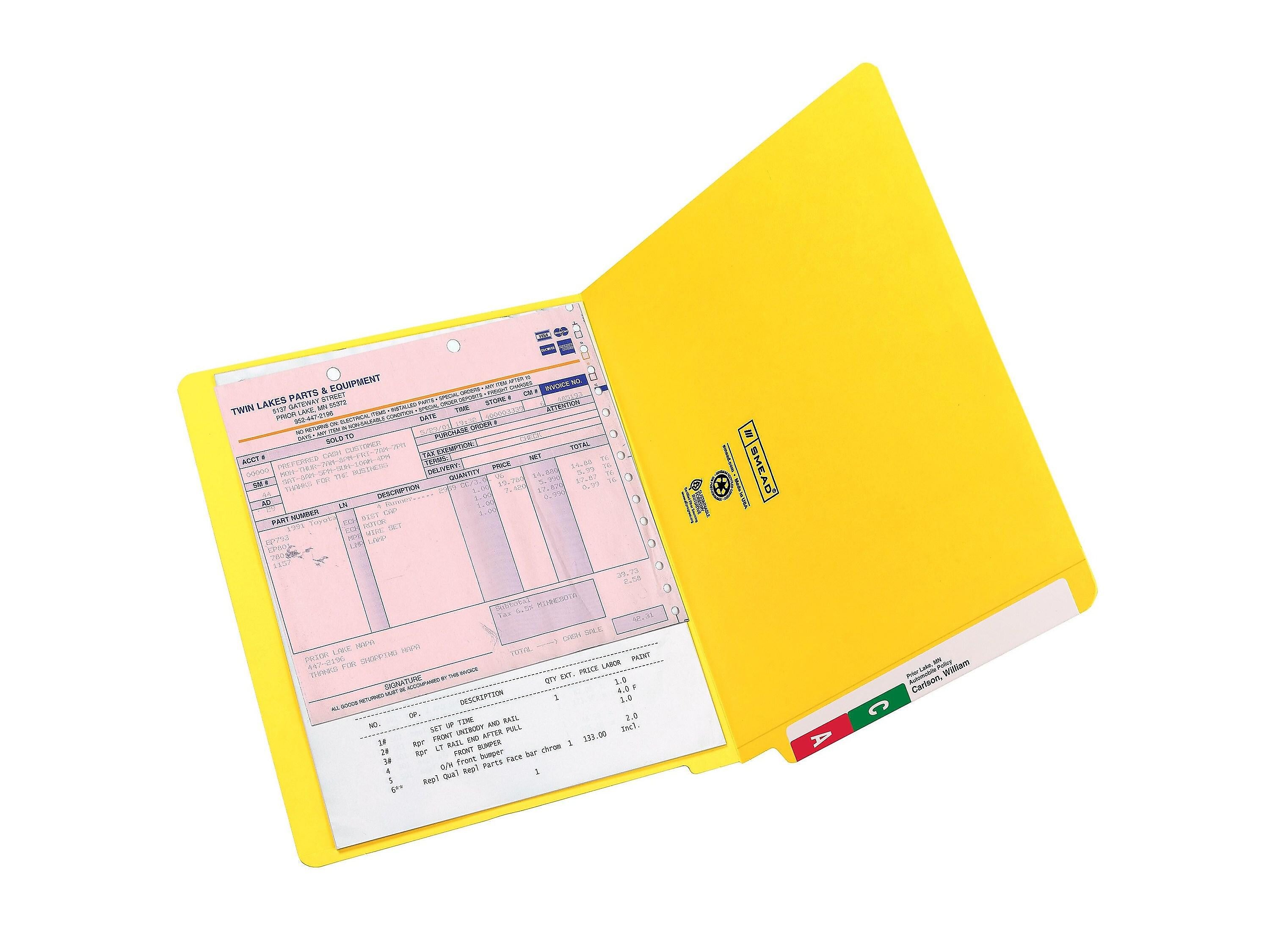Smead Colored End Tab File Folder, Shelf-Master Reinforced Straight-Cut Tab, Letter Size, Yellow, 100/Box