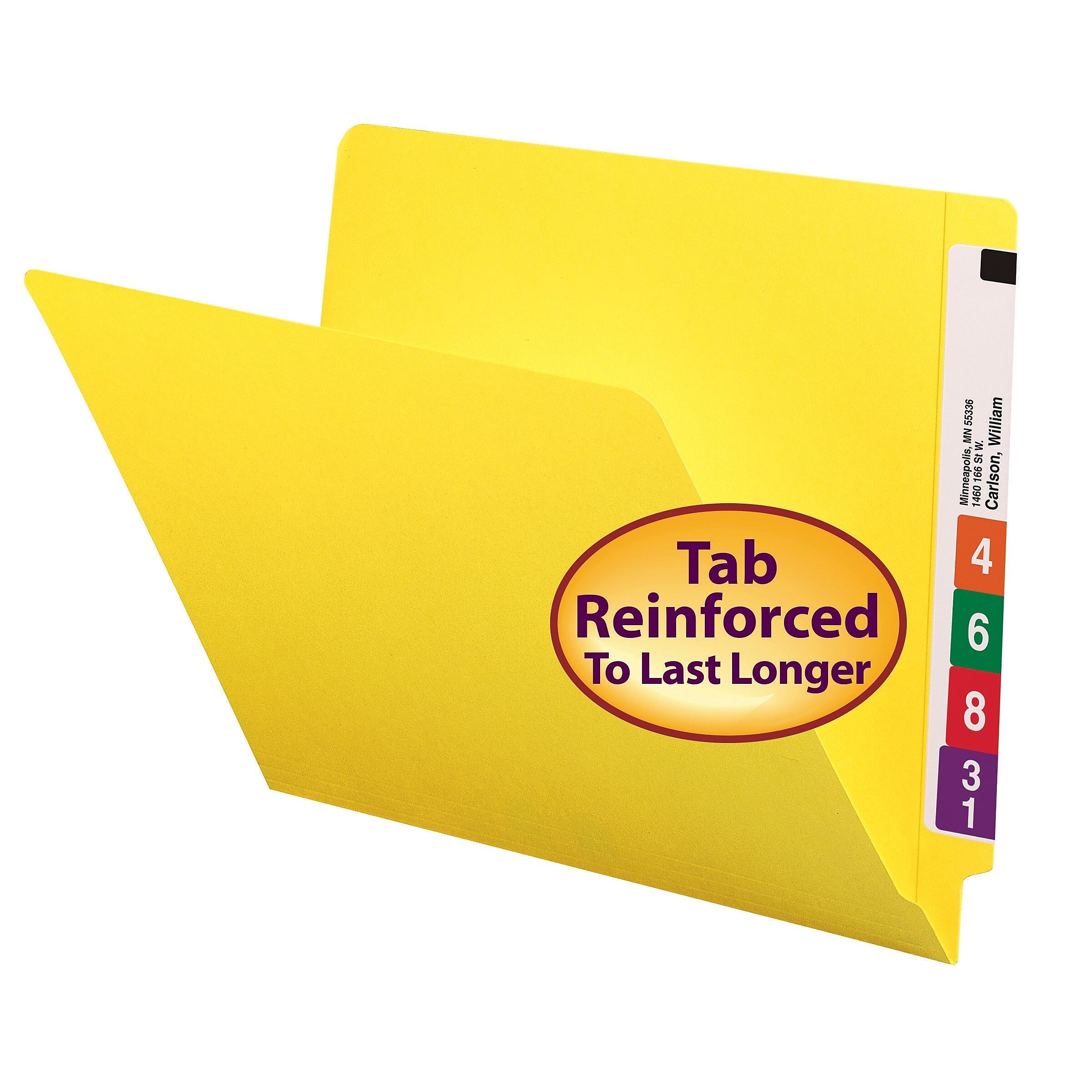 Smead Colored End Tab File Folder, Shelf-Master Reinforced Straight-Cut Tab, Letter Size, Yellow, 100/Box