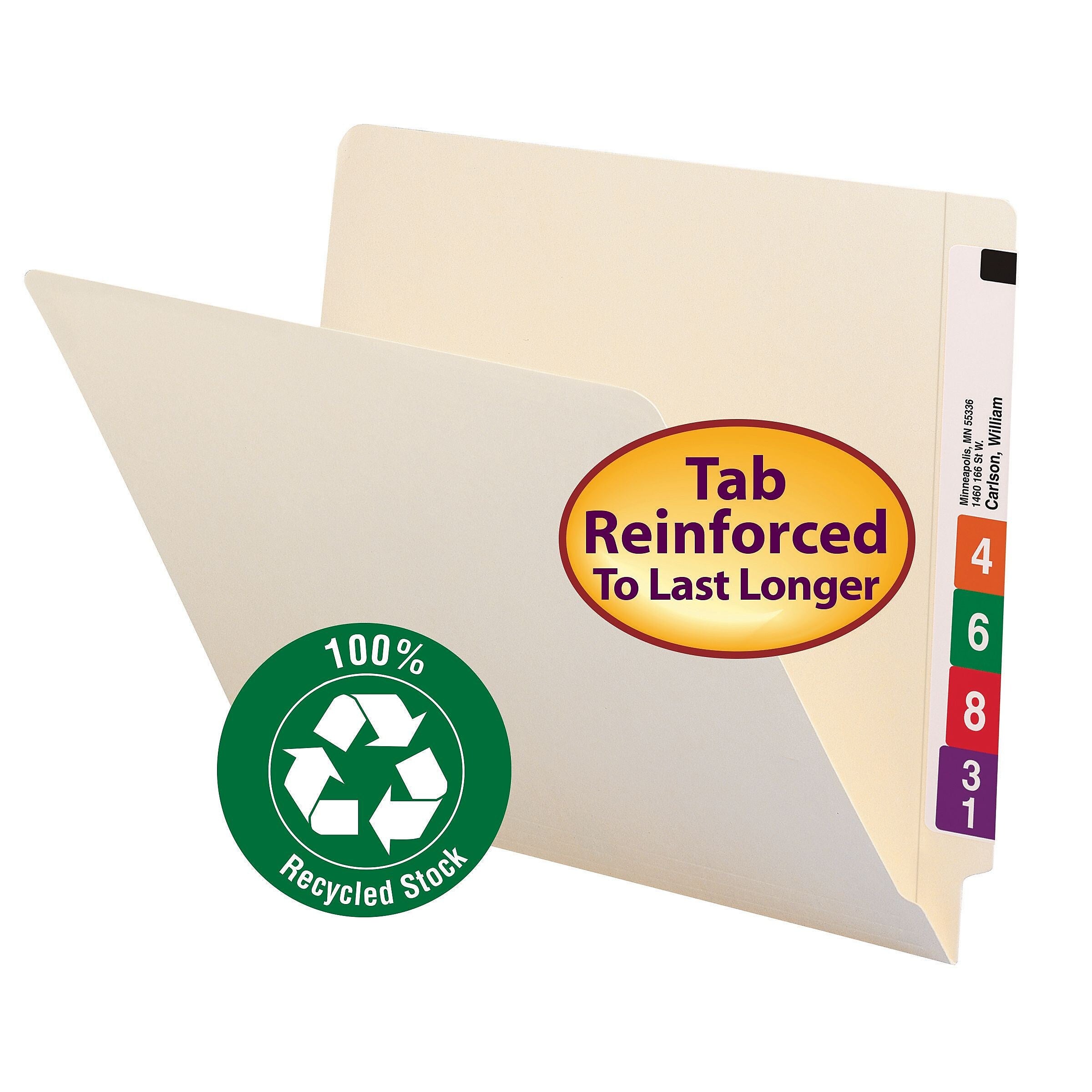 Smead End Tab 100% Recycled File Folder, Shelf-Master Reinforced Straight-Cut Tab, Letter Size, Manila, 100/Box