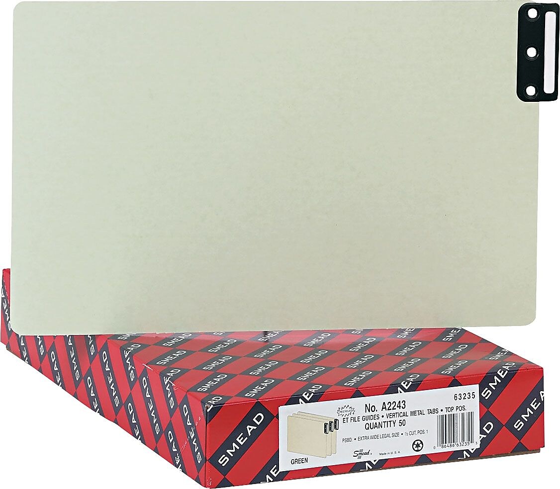 Smead End Tab 100% Recycled Psbd Guides, Vertical Metal Tab , Extra Wide Legal Size, Gray/Green, 50 per Box