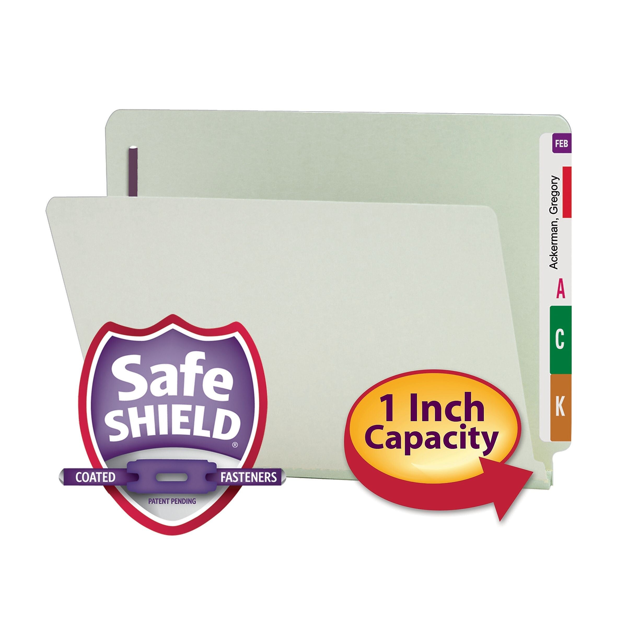 Smead End Tab Classification Folders with SafeSHIELD Fasteners, Letter Size, Gray/Green, 25/Box