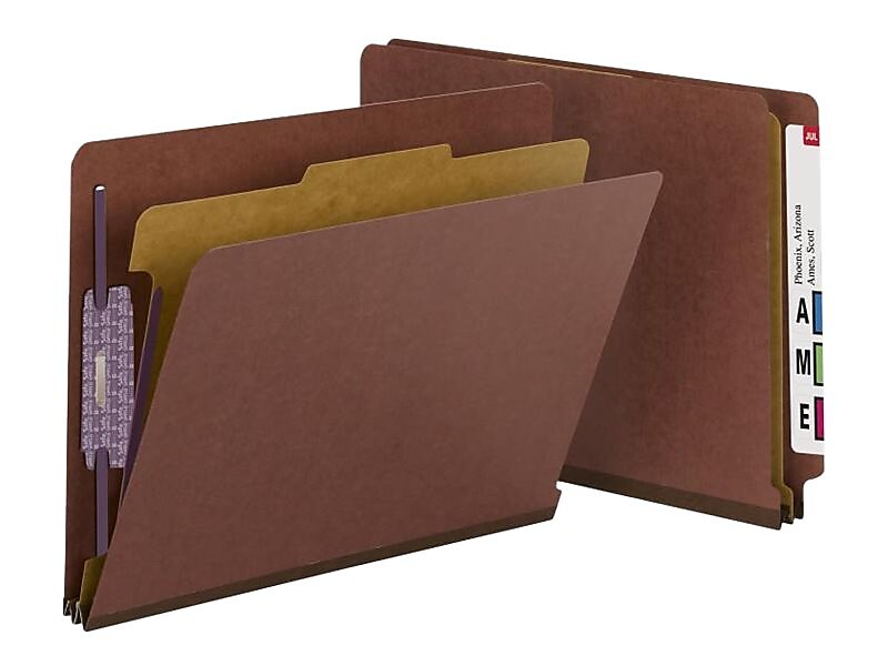 Smead End Tab Pressboard Classification Folders with SafeSHIELD Fasteners, Letter Size, 1 Divider, Red, 10/Box