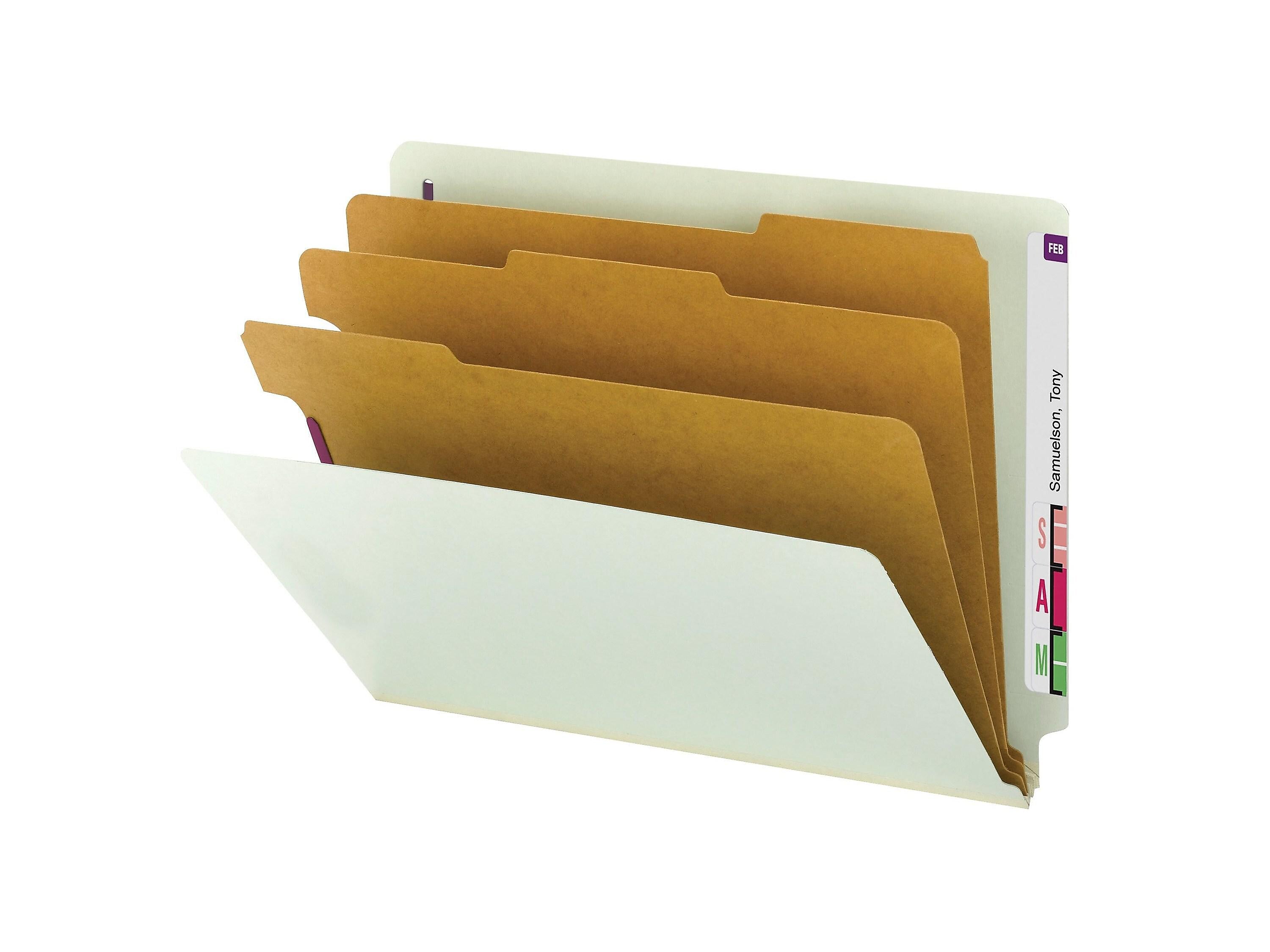 Smead End Tab Pressboard Classification Folders with SafeSHIELD Fasteners, Letter Size, 3 Dividers, Gray/Green, 10/Box
