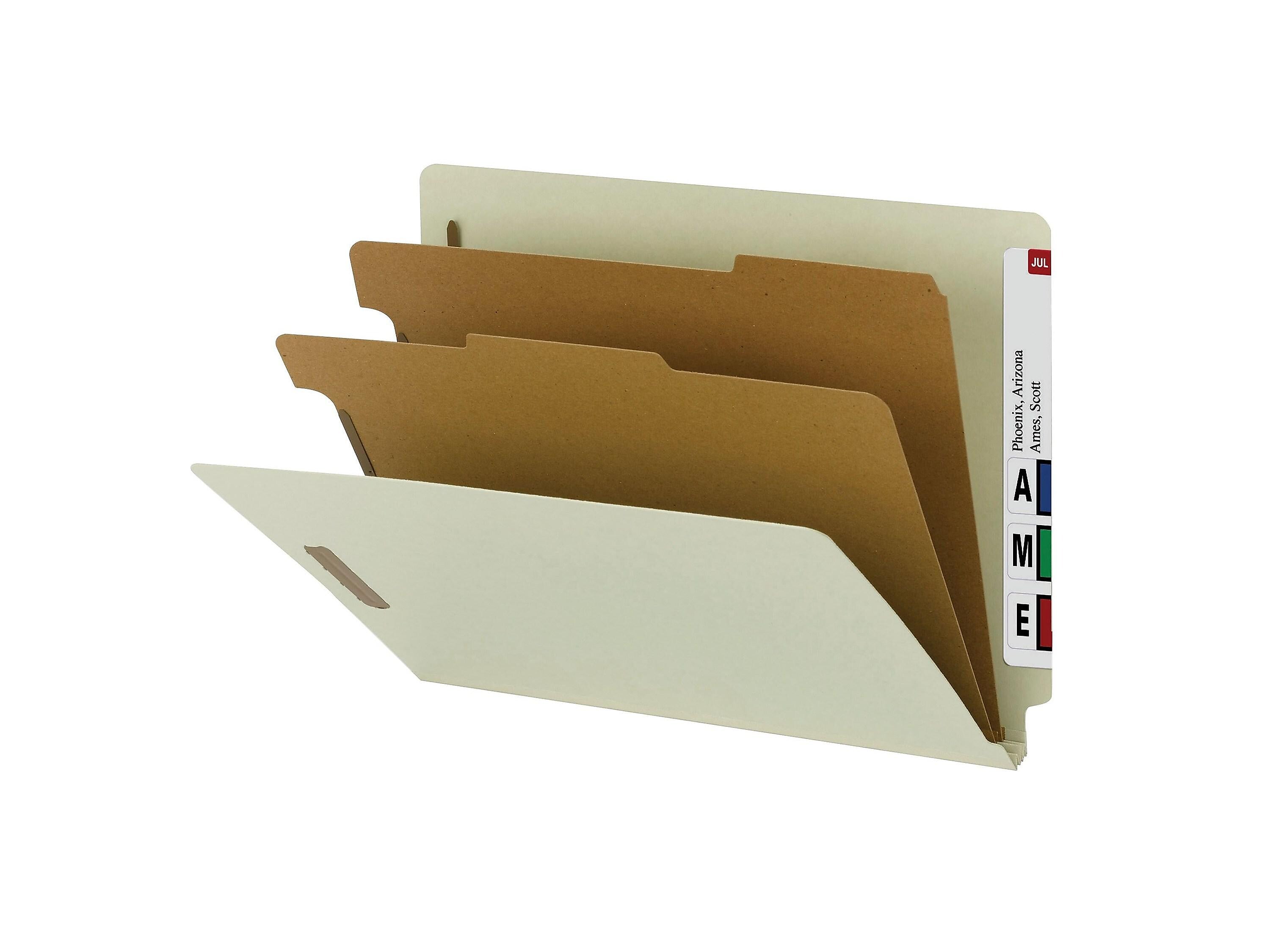 Smead End Tab Pressboard Classification Folders with SafeSHIELD Fasteners, Letter Size, Gray/Green, 10/Box