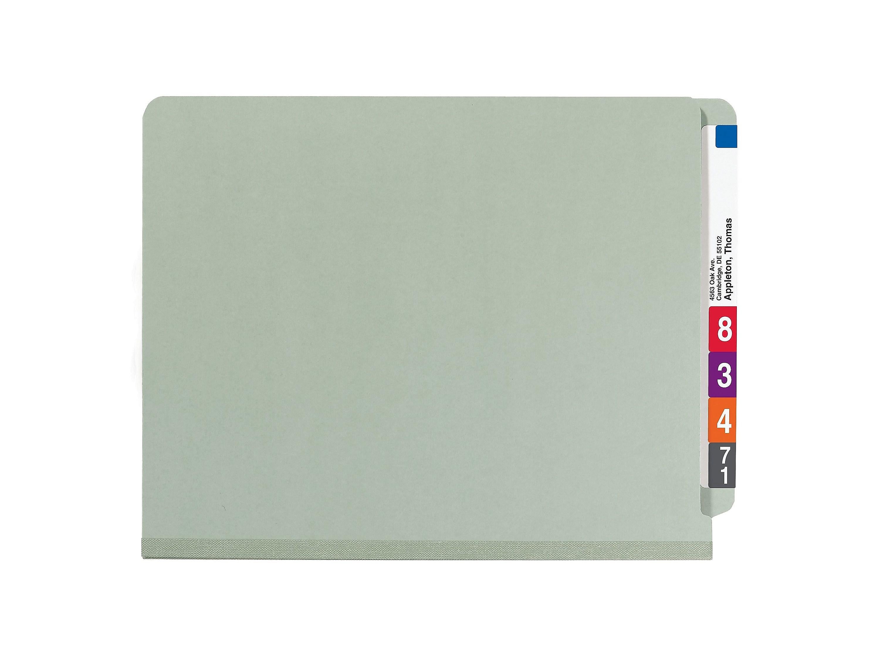 Smead End Tab Pressboard Classification Folders with SafeSHIELD Fasteners, Letter Size, Gray/Green, 10/Box