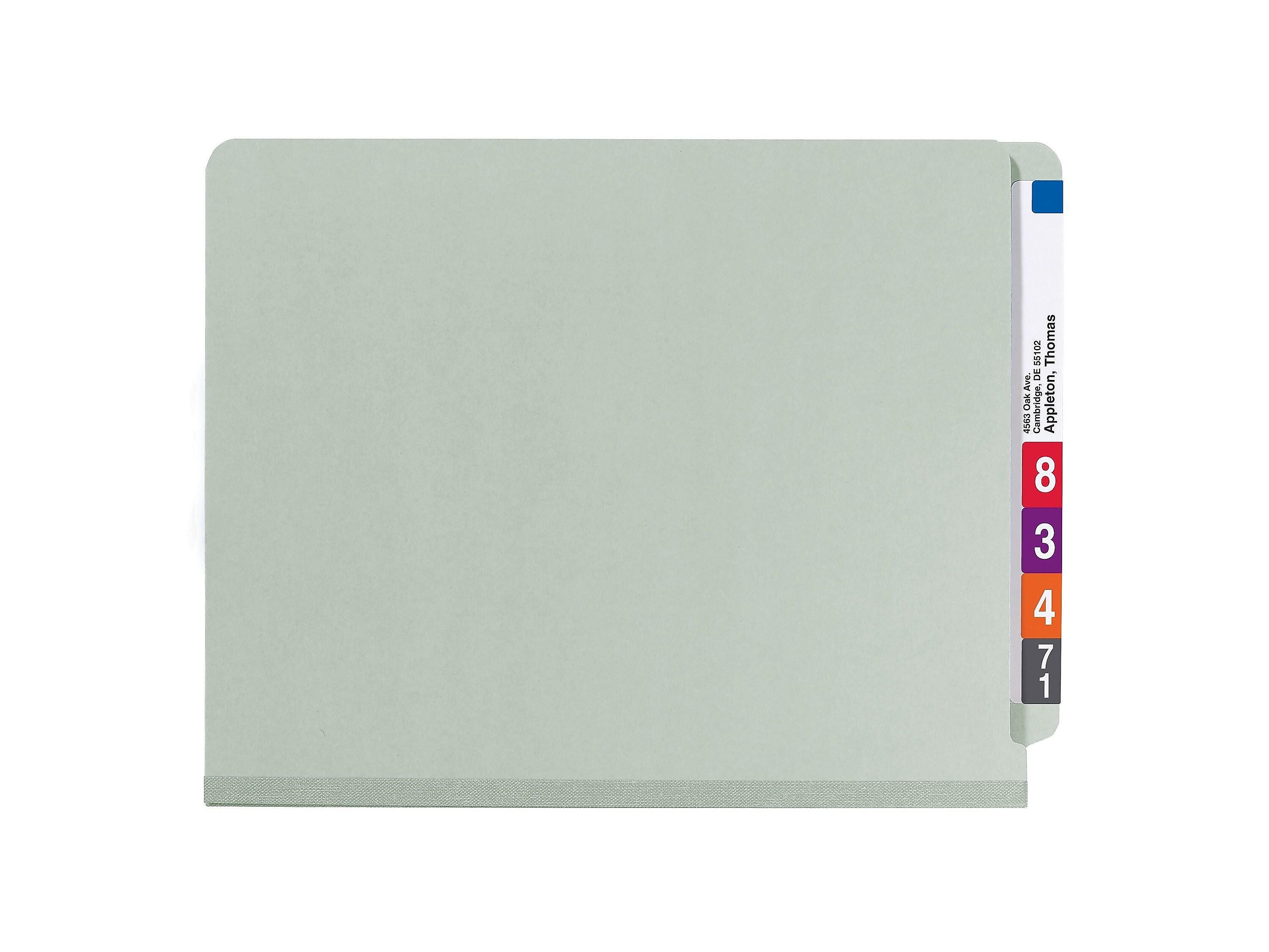 Smead End Tab Pressboard Classification Folders with SafeSHIELD Fasteners, Letter Size, Gray/Green, 10/Box