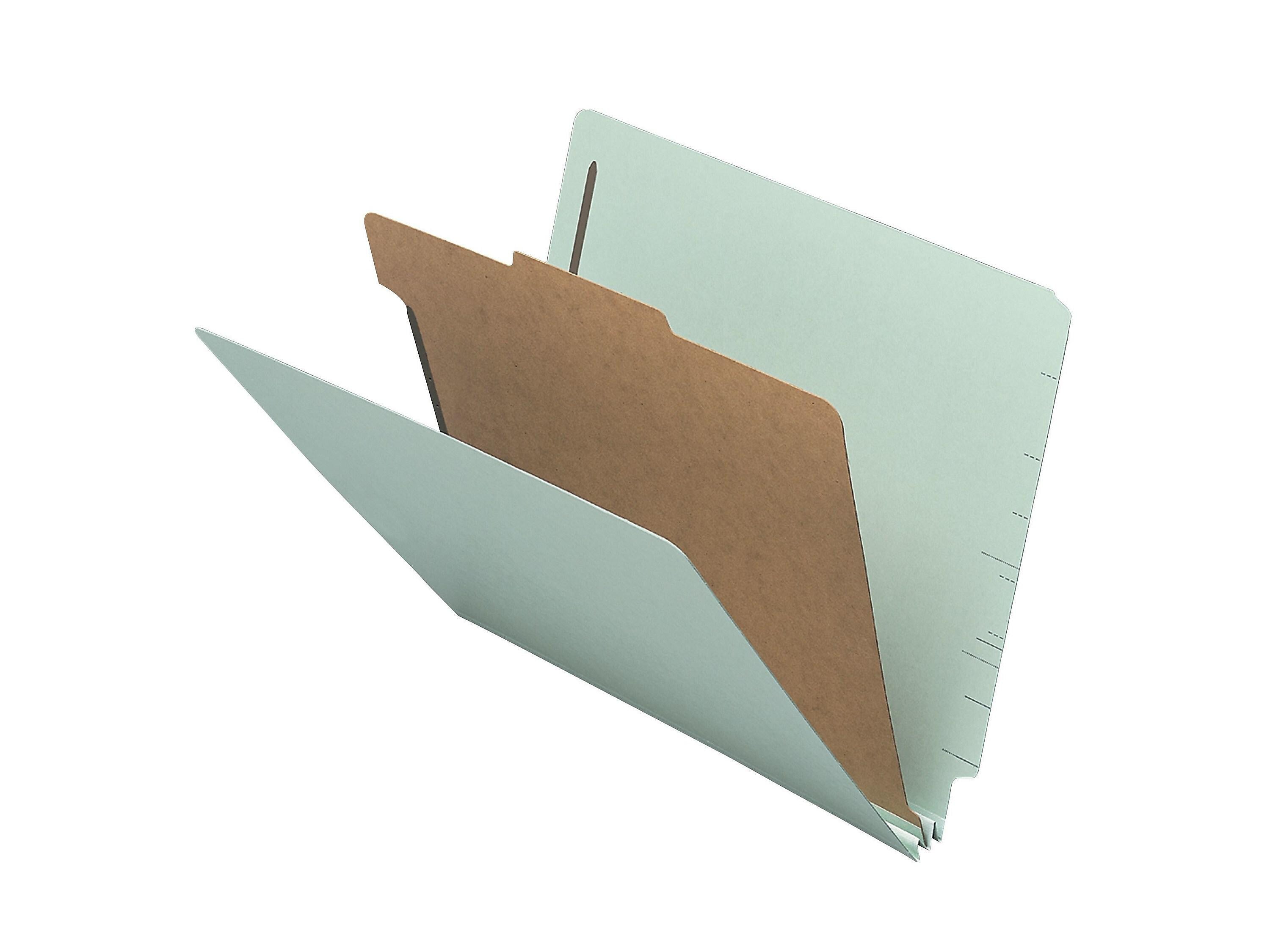 Smead End Tab Pressboard Classification Folders with SafeSHIELD Fasteners, Letter Size, Gray/Green, 10/Box