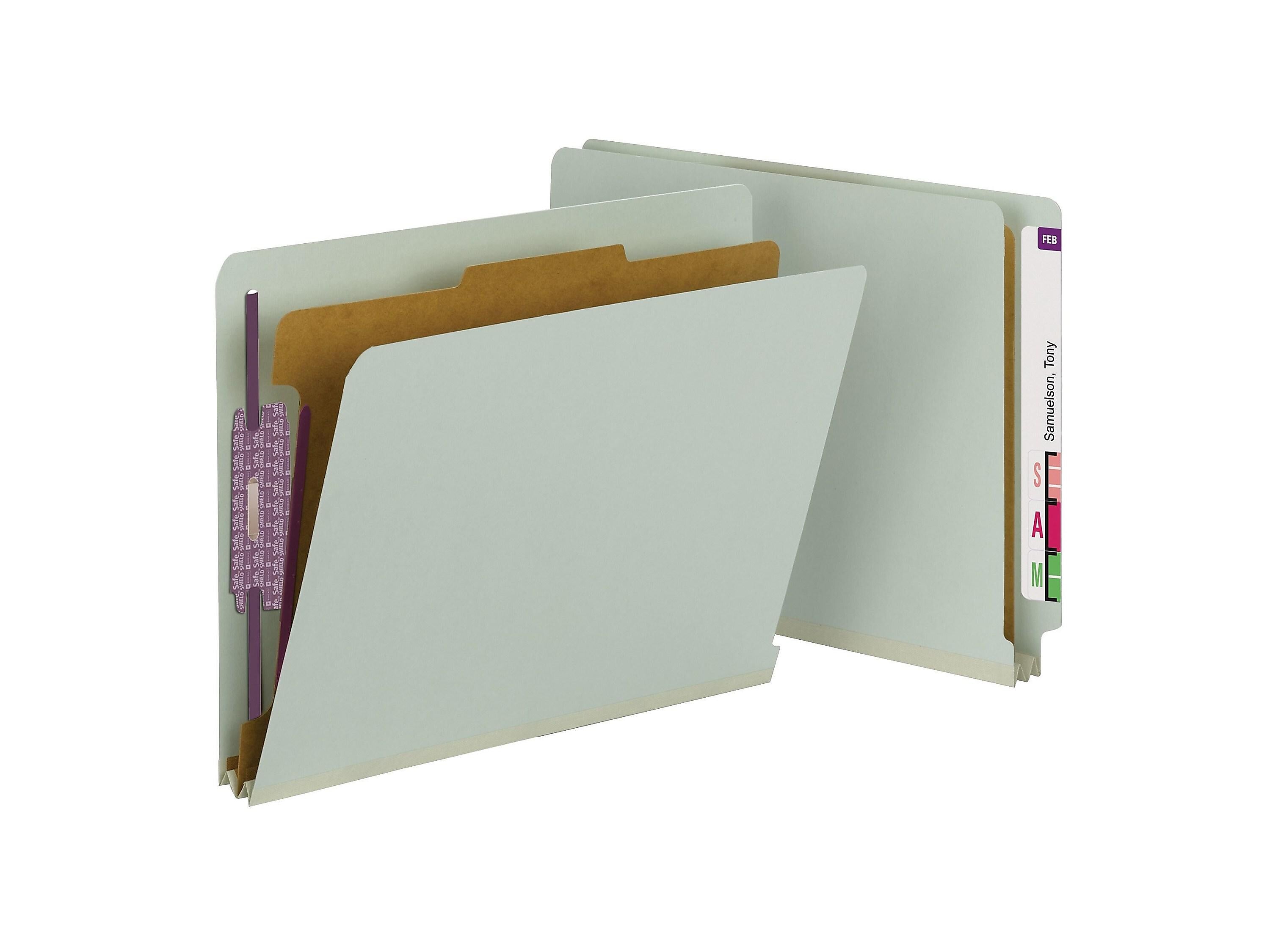Smead End Tab Pressboard Classification Folders with SafeSHIELD Fasteners, Letter Size, Gray/Green, 10/Box