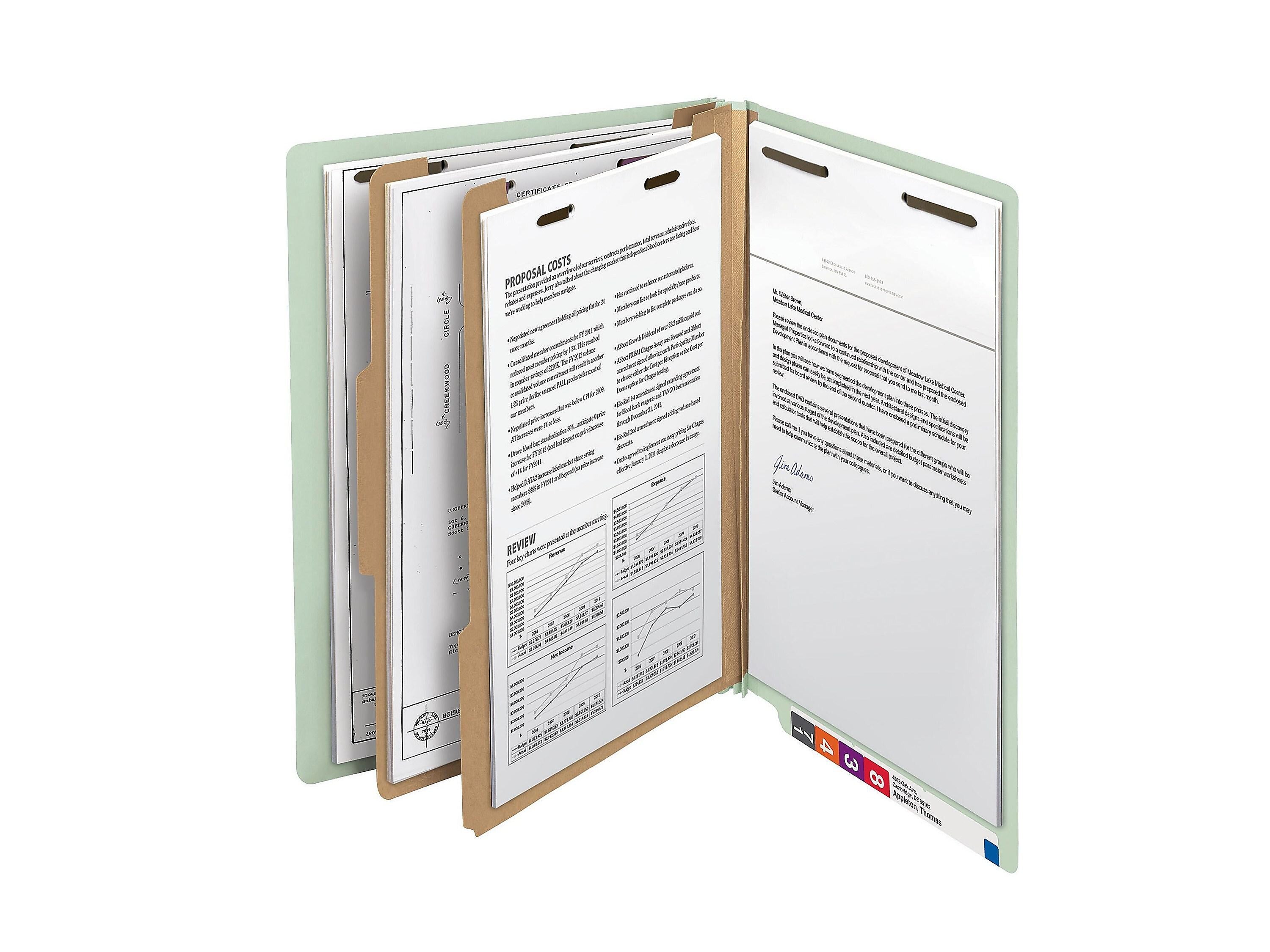 Smead End Tab Pressboard Classification Folders with SafeSHIELD Fasteners, Letter Size, Gray/Green, 10/Box