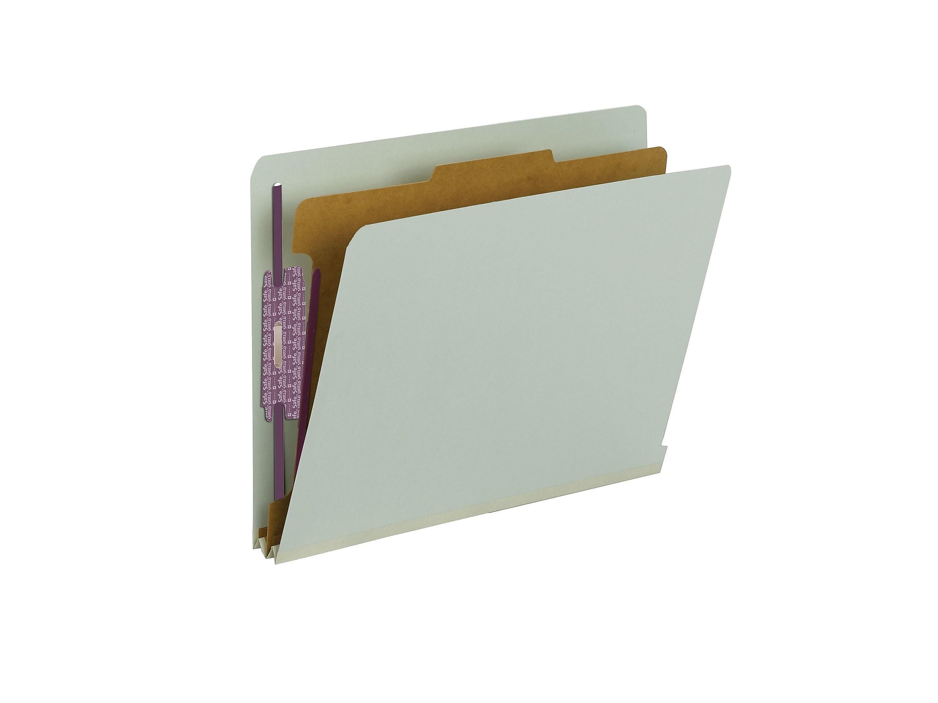 Smead End Tab Pressboard Classification Folders with SafeSHIELD Fasteners, Letter Size, Gray/Green, 10/Box