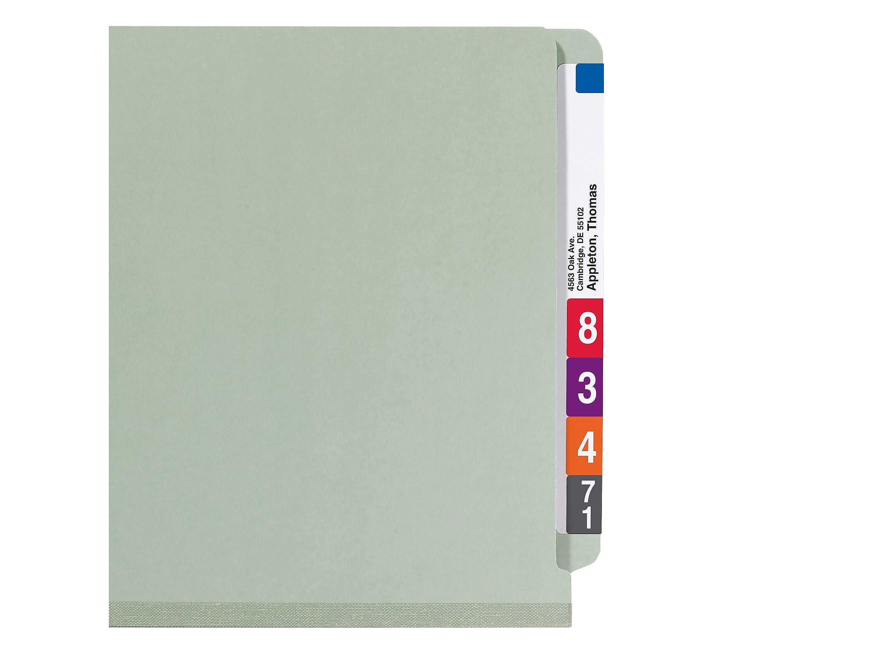 Smead End Tab Pressboard Classification Folders with SafeSHIELD Fasteners, Letter Size, Gray/Green, 10/Box