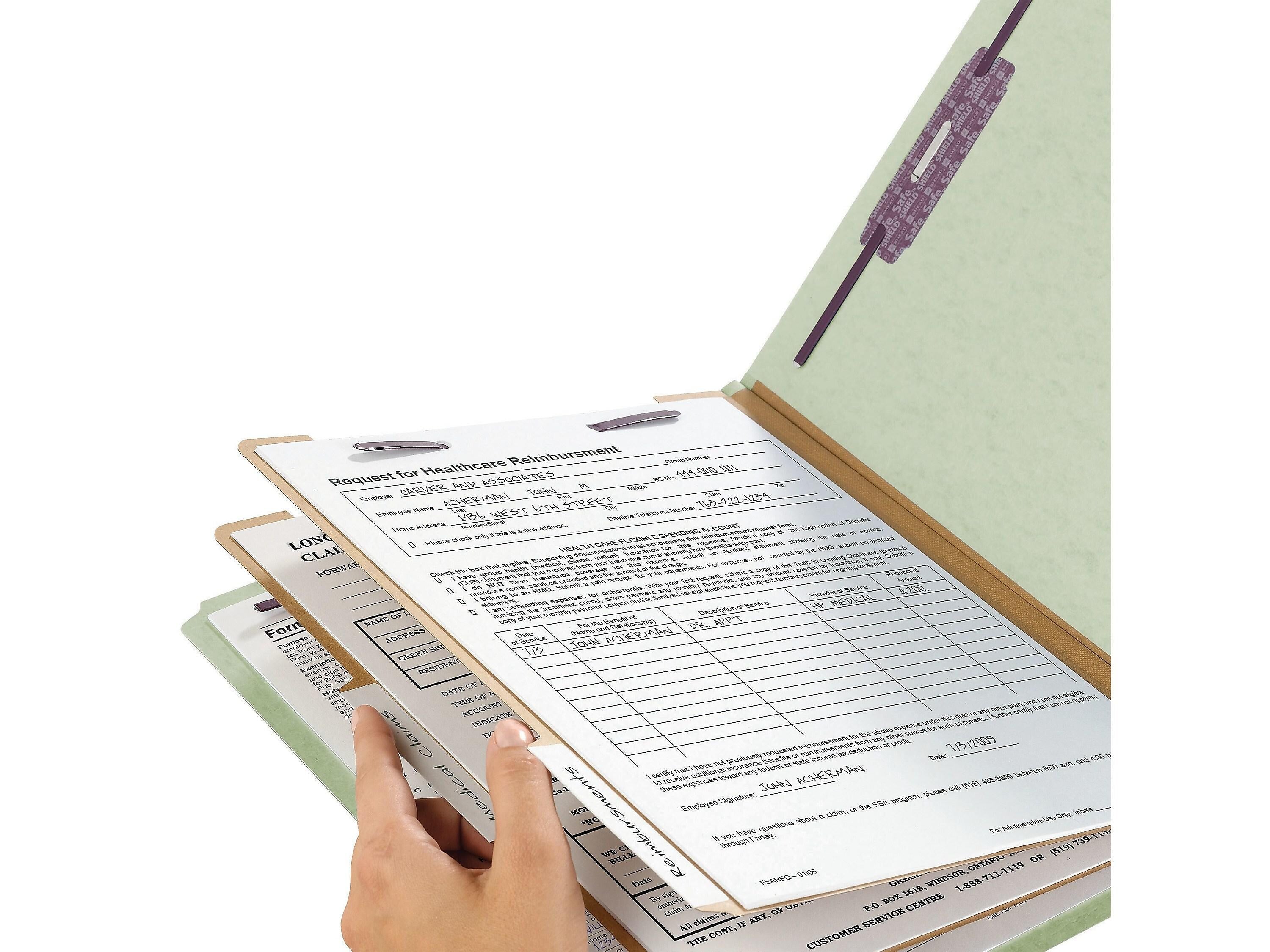 Smead End Tab Pressboard Classification Folders with SafeSHIELD Fasteners, Letter Size, Gray/Green, 10/Box