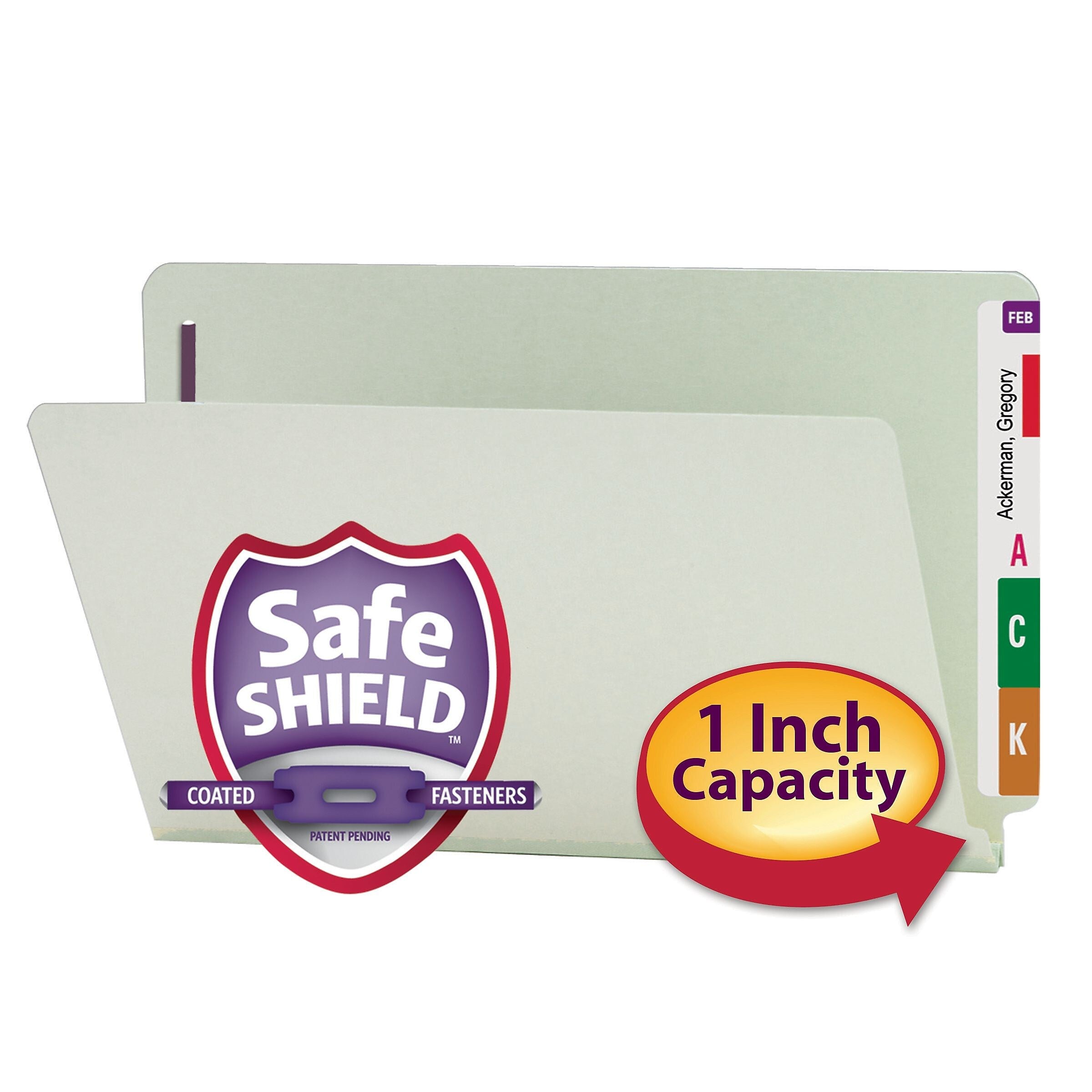 Smead End-Tab Pressboard Fastener File Folder with SafeSHIELD Fastener, Legal Size, Gray/Green, 25/Box