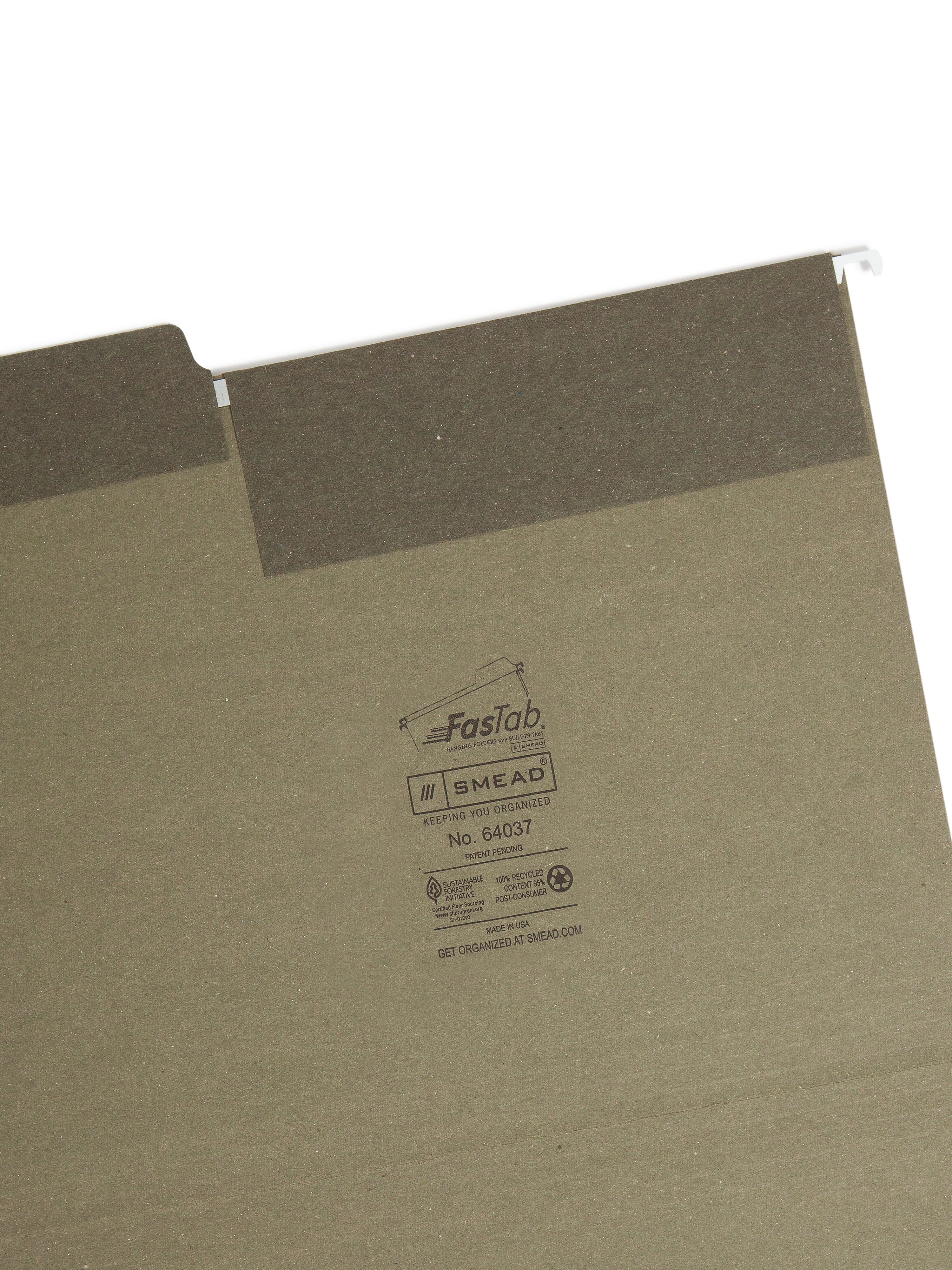 Smead FasTab Recycled Hanging File Folder, 1/3 Cut, Letter Size, Standard Green, 20/Box