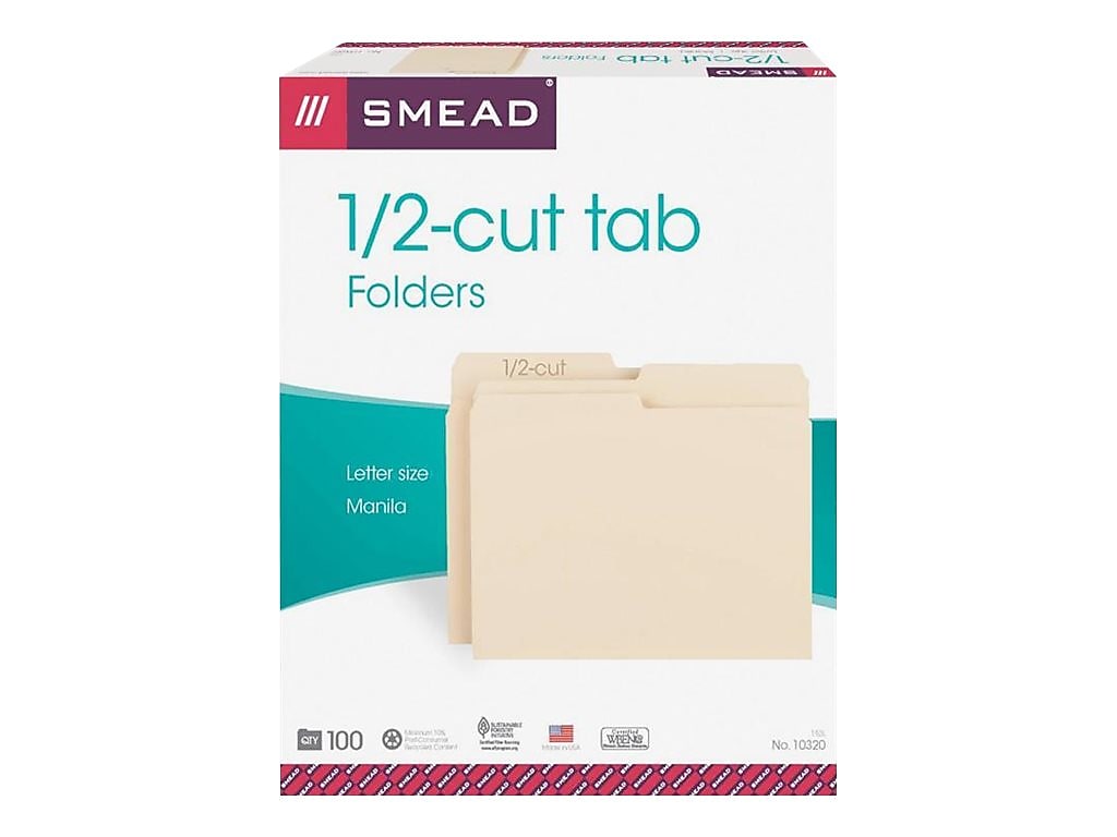 Smead File Folders, 1/2-Cut Tab, Letter Size, Manila, 100/Box